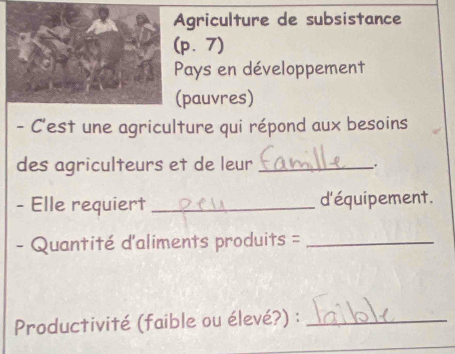 Agriculture de subsistance 
(p⩾ 7) 
Pays en développement 
(pauvres) 
- C'est une agriculture qui répond aux besoins 
des agriculteurs et de leur_ 
. 
- Elle requiert _d'équipement. 
- Quantité d'aliments produits =_ 
Productivité (faible ou élevé?) :_