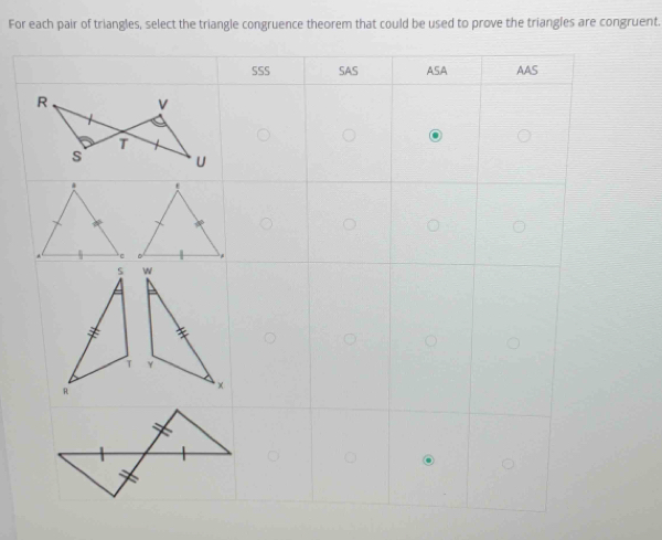 For each pair of triangles, select the triangle congruence theorem that could be used to prove the triangles are congruent.