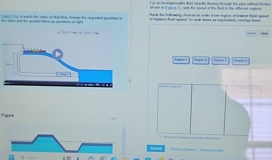 For an incompressible fluid steadily flowing through the pipe without friction
shown in (Eigure 1), rank the speed of the fluid in the different regions
Rank the following choices in order from region of lowest fluid speed
Select Play to watch the videe on fluid flow. Answer the ungraded questions in to highest fluid speed. To rank items as equivalent, overlap them.
the video and the graded follow-up questions at right.
r_1+ 1/2 r_2^(2+r_4)s_3=r_1^(2r_4^2=r_1) Reset Help
Region A Region B Region C Region D
lowest speed  Speed
Figure 1 af 1
] The correct ranking cannol be determined
Submit  Previous Ansiwers - Reguest Answer
Q Searm