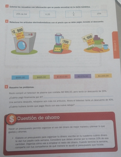 Colorea los recuadros con información que se pueda encontrar en la recta numérica.
25% de 6 0.25  1/4  25%. Relaciona los artículos electrodomésticos con el precio que se debe pagar, incluldo el descuento.
2
$695.00 $665.00 $1 610.00 $2 270.00 $1 200,00
5 Resuelve los problemas.
Rocío compró un televisor de plasma que costaba $8 999.00, pero tenía un descuento de 30%.
¿Cuánto pagó finalmente por él?
_
Una semana después, rebajaron aún más los artículos. Ahora el televisor tenía un descuento de 40%.
¿Cuánto hubiera tenido que pagar Rocío con esa nueva rebaja?
_
Cuestión de ahorro
Hacer un presupuesto permite organizar el uso del dinero de mejor manera y planear lo que
gastas y ahorras.
Elabora un presupuesto para organizar tu dinero: escribe en tu cuaderno cuánto dinero
te dan tus papás cada semana. Considera que debes ahorrar por lo menos 10% de esa
cantidad. Organiza cómo vas a emplear el resto del dinero. Cuando termine la semana,
, comparte con tus compañeros de qué manera te ayudó el presupuesto que hiciste.