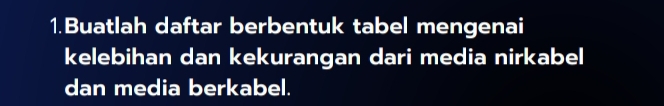 Buatlah daftar berbentuk tabel mengenai 
kelebihan dan kekurangan dari media nirkabel 
dan media berkabel.