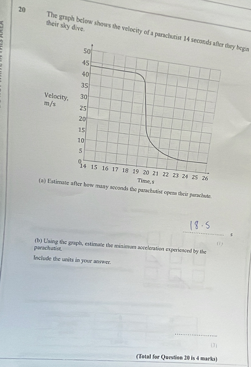 their sky dive. 
20 The graph below shows the velocity of a parachutist hey begin 
( seconds the parachutist opens their parachute. 
_ 
s 
(b) Using the graph, estimate the minimum acceleration experienced by the 
parachutist. 
Include the units in your answer. 
_ 
(3) 
(Total for Question 20 is 4 marks)