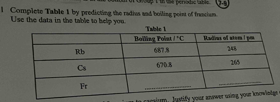 of Group 1 in the periodic table. 7-9
l Complete Table 1 by predicting the radius and boiling point of francium.
Use the data in the table to help you.
o  caesium. Justify yoe