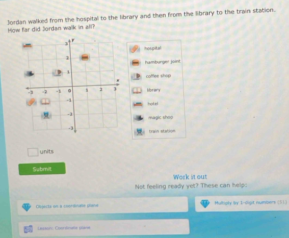 Jordan walked from the hospital to the library and then from the library to the train station.
How far did Jordan walk in all?
hospital
hamburger joint
coffee shop
library
hotel
magic shop
train station
units
Submit
Work it out
Not feeling ready yet? These can help:
Objects on a coordinate plane Multiply by 1 -digit numbers (51)
Lesson: Coordinate plane