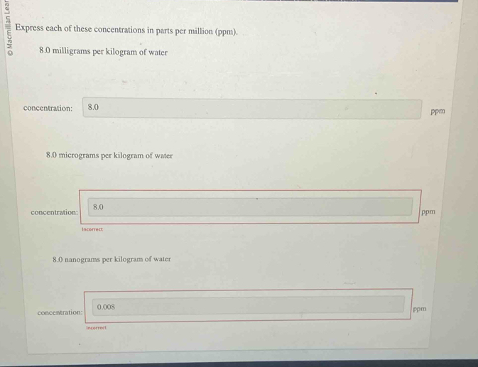 Express each of these concentrations in parts per million (ppm).
8.0 milligrams per kilogram of water 
concentration: 8.0 ppm
8.0 micrograms per kilogram of water 
concentration 8.0
ppm
Incorrect
8.0 nanograms per kilogram of water 
concentration: 0.008
ppm
Incorrect
