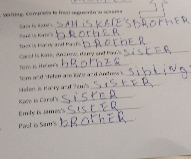 Writing. Completa le frasí seguendo lo schema 
Sam is Kate's_ 
Paul is Kate's_ 
Tom is Harry and Paul's_ 
Carol is Kate, Andrew, Harry and Paul's 
_ 
Tom is Helen's 
_ 
Tom and Helen are Kate and Andrew's_ 
Helen is Harry and Paul's_ 
. 
Kate is Carol's 
_ 
_. 
Emily is James's 
_. 
Paul is Sam's