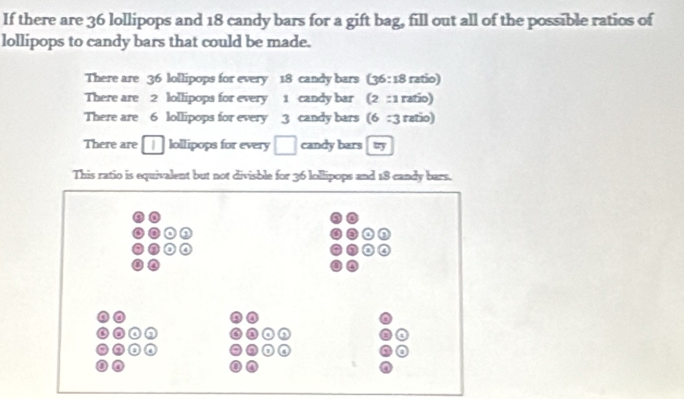 If there are 36 lollipops and 18 candy bars for a gift bag, fill out all of the possible ratios of
lollipops to candy bars that could be made.
There are 36 lollipops for every 18 candy bars (36 : 18 ratio)
There are 2 lollipops for every 1 candy bar (2 : 1 ratio)
There are 6 lollipops for every 3 candy bars (6 : 3 ratio)
There are ollipops for every □ candy bars ty
This ratio is equivalent but not divisble for 36 lollipops and 18 candy bars.