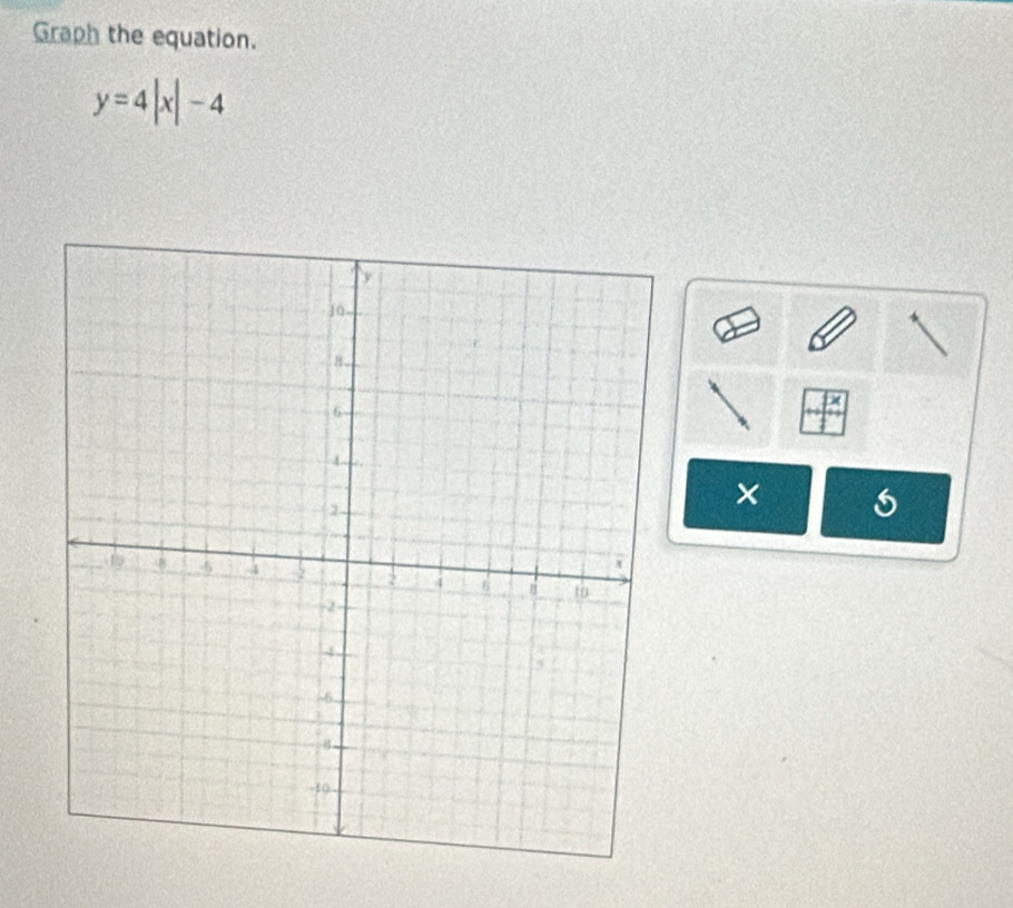 Graph the equation.
y=4|x|-4
× 6