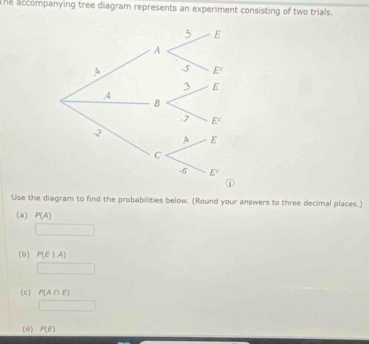 The accompanying tree diagram represents an experiment consisting of two trials.
Use the diagram to find the probabilities below. (Round your answers to three decimal places.)
(a) P(A)
□
(b) P(E|A)
□
(c) P(A∩ E)
□
(d) P(E)