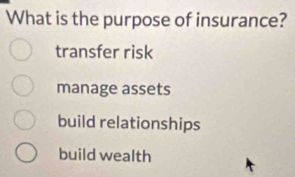 What is the purpose of insurance?
transfer risk
manage assets
build relationships
build wealth