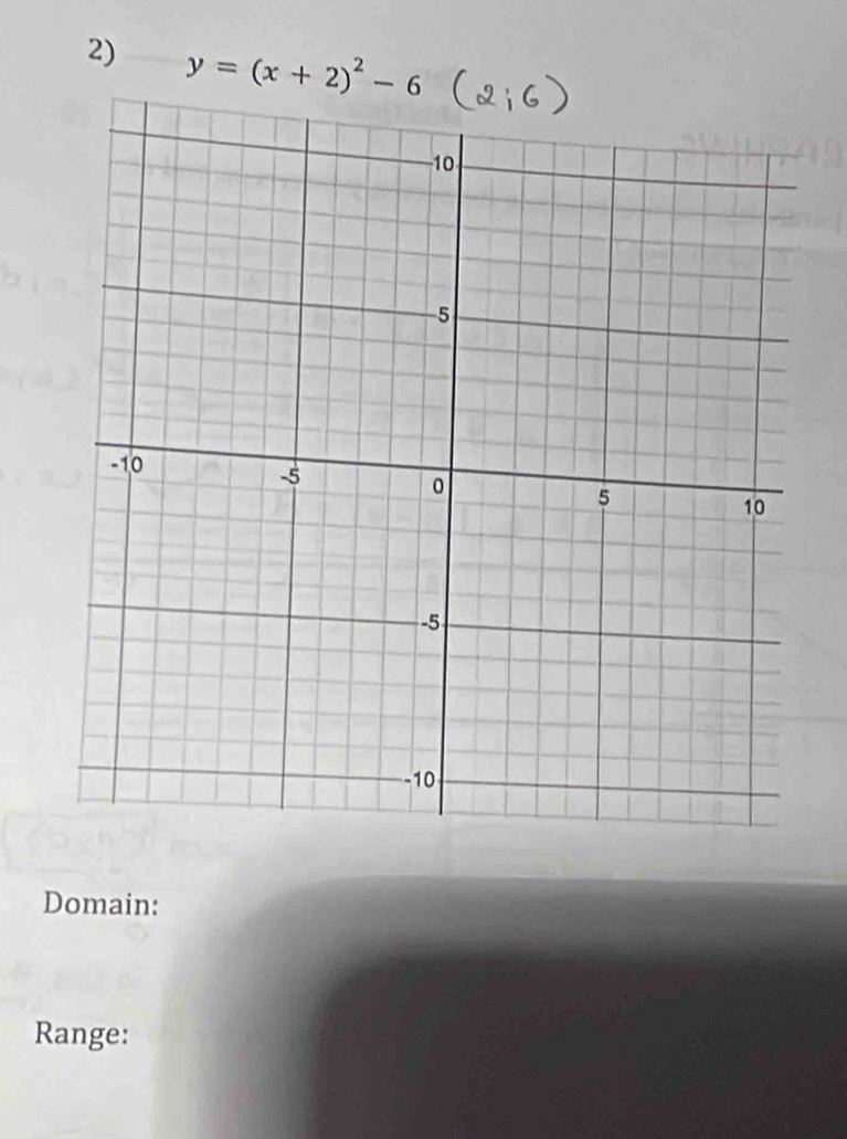 y=(x+2)^2-6
Domain: 
Range: