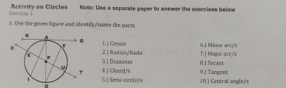 Activity on Circles Note: Use a separate paper to answer the exercises below 
A. Use the given figure and identify/name the parts. 
L.) Center 6.] Minor arc's 
2.) Radius/Radii 7.) Major arc/s 
3.) Diameter 8.) Socant 
4.) Cisord/s 9.) Tangent 
S.) Semi-circle/s 10.) Central angle/s 
。