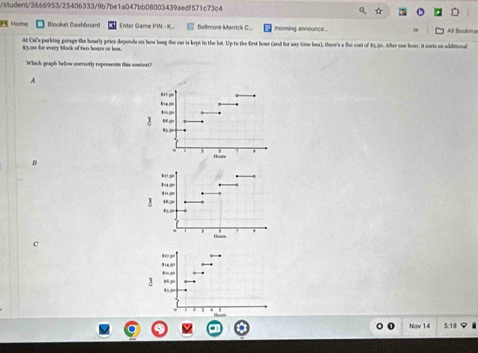 student/3666953/25406333/9b7be1a047bb08003439aedf571c73c4
Home Blooket Dashboard Enter Game PIN - K... Bellmore-Merrick C.. morning announce... » All Bookma
At Cai's parking garage the hourly price depends on how long the car is kept in the lot. Up to the first hour (and for any time less), there's a flat cost of $5.50. After one hour, it costs an additional
$3.00 for every block of two hours or less.
Which graph below correctly represents this context?
A
B
C
Nov 14 5:18