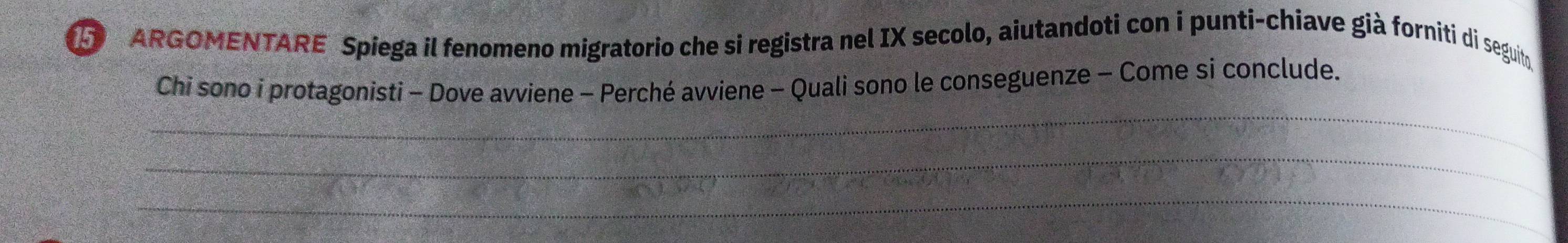 ARGOMENTARE Spiega il fenomeno migratorio che si registra nel IX secolo, aiutandoti con i punti-chiave già forniti di seguito 
_ 
Chi sono i protagonisti - Dove avviene - Perché avviene - Quali sono le conseguenze - Come si conclude. 
_ 
_