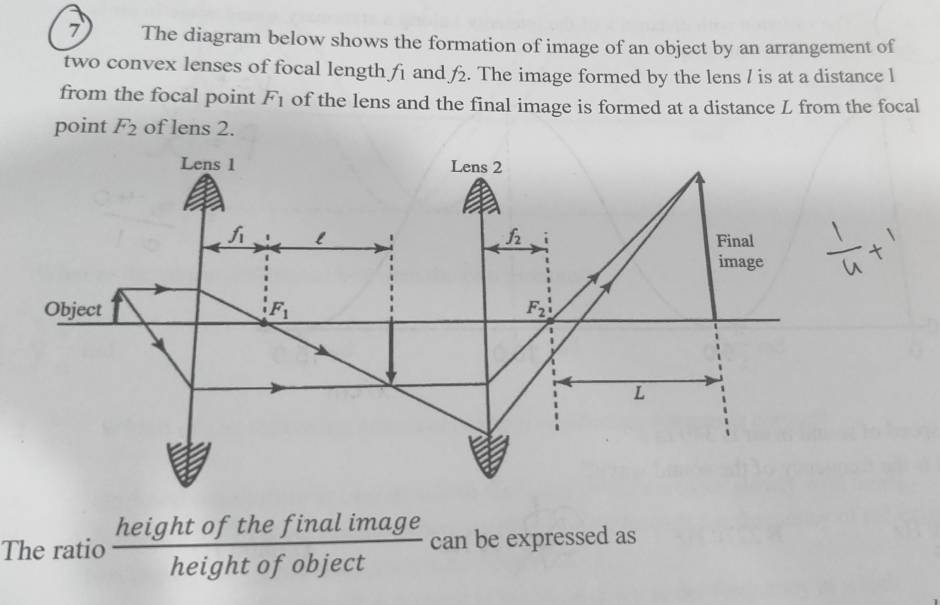 The diagram below shows the formation of image of an object by an arrangement of
two convex lenses of focal length f_1 and f_2. The image formed by the lens / is at a distance l
from the focal point F_1 of the lens and the final image is formed at a distance L from the focal
point F_2 of lens 2.
The ratio  heightofthefinalimage/heightofobject  can be expressed as