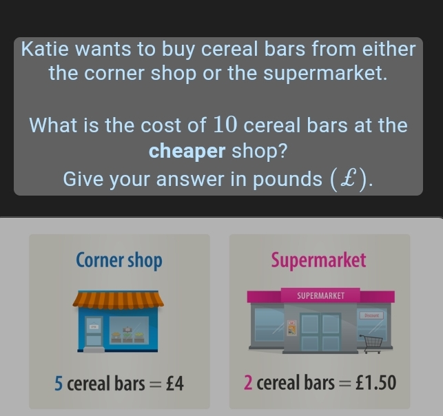 Katie wants to buy cereal bars from either 
the corner shop or the supermarket. 
What is the cost of 10 cereal bars at the 
cheaper shop? 
Give your answer in pounds (£). 
Corner shop Supermarket 
SUPERMARKET 
Discount
5 cereal bars =£4 2 cereal bar s=£1.50