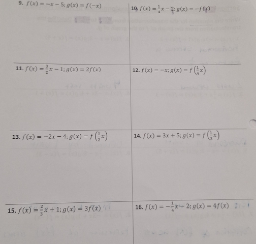 f(x)=-x-5;g(x)=f(-x) 10, f(x)= 1/4 x-2;g(x)=-f(x)
1