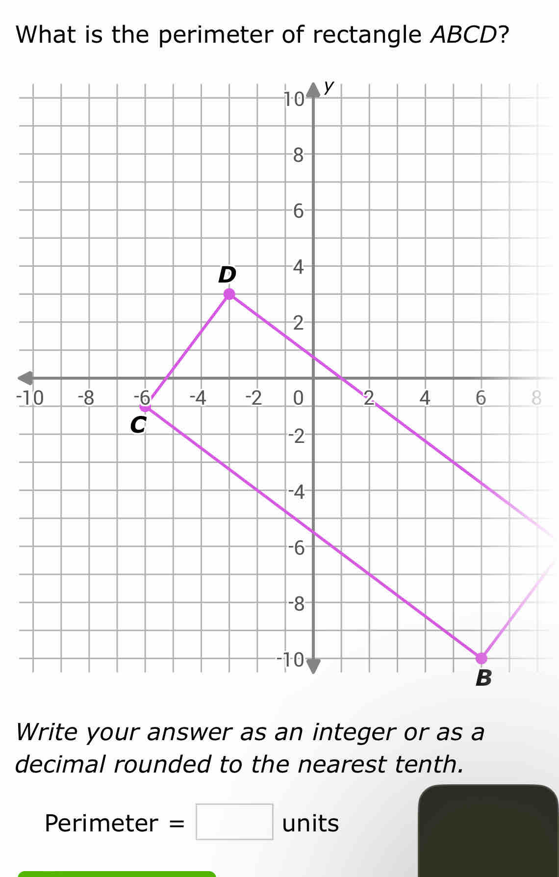 What is the perimeter of rectangle ABCD? 
Write your answer as an integer or as a 
decimal rounded to the nearest tenth. 
Perimeter =□ units