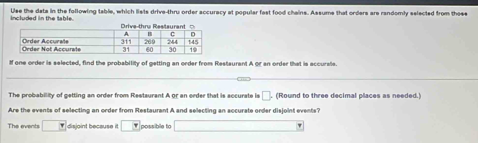 Use the data in the following table, which lists drive-thru order accuracy at popular fast food chains. Assume that orders are randomly selected from those 
included in the table. 
If one order is selected, find the probability of getting an order from Restaurant A or an order that is accurate. 
The probability of getting an order from Restaurant A or an order that is accurate is □. (Round to three decimal places as needed.) 
Are the events of selecting an order from Restaurant A and selecting an accurate order disjoint events? 
The events disjoint because it possible to