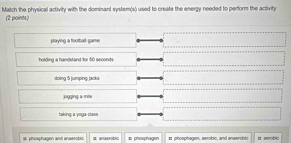 Match the physical activity with the dominant system(s) used to create the energy needed to perform the activity
(2 points)
playing a football game
holding a handstand for 50 seconds
doing 5 jumping jacks
jogging a mile
taking a yoga class
phosphagen and anaerobic : anaerobic phosphagen phosphagen, aerobic, and anaerobic : aerobic