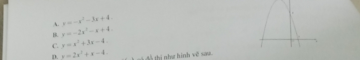 A. y=-x^2-3x+4.
B. y=-2x^2-x+4.
C. y=x^2+3x-4.
D. y=2x^2+x-4. có đồ thị như hình vẽ sau.