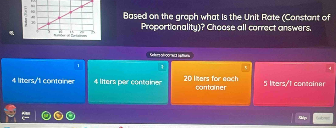 Based on the graph what is the Unit Rate (Constant of
Proportionality)? Choose all correct answers.
Q 
Select all correct options
1
2
3
4
4 liters/1 container 4 liters per container 20 liters for each 5 liters/1 container
container
Alex
Skip Submit