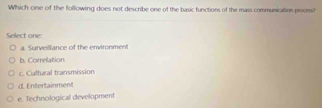 Which one of the following does not describe one of the basic functions of the mass communication process?
Select one:
a. Surveillance of the environment
b. Correlation
c. Cultural transmission
d. Entertainment
e. Technological development