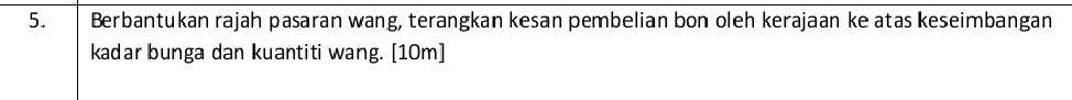 Berbantukan rajah pasaran wang, terangkan kesan pembelian bon oleh kerajaan ke atas keseimbangan 
kadar bunga dan kuantiti wang. [10m]