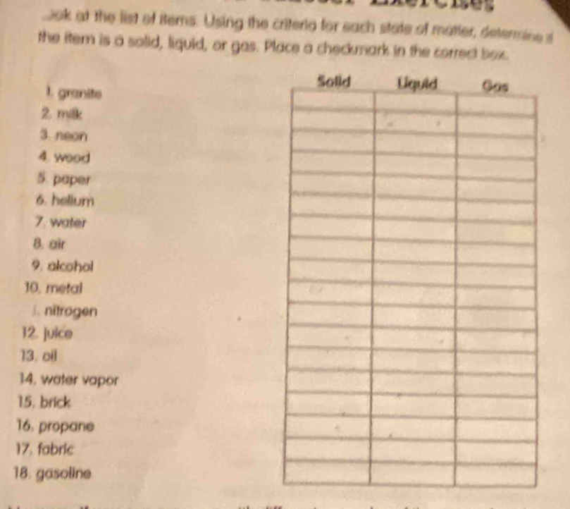 ook at the list of items. Using the criterio for each state of matter, determine i 
the iter is a solid, liquid, or gas. Place a checkmark in the correct box 
1. granite 
2. milk 
3. neon 
4. weod 
5. paper 
6. hellum 
7. water 
B. air 
9. alcohol 
10, metal 
J. nitrogen 
12. juice 
13. oil 
14. water vapor 
15. brick 
16. propane 
17. fabric 
18. gasoline