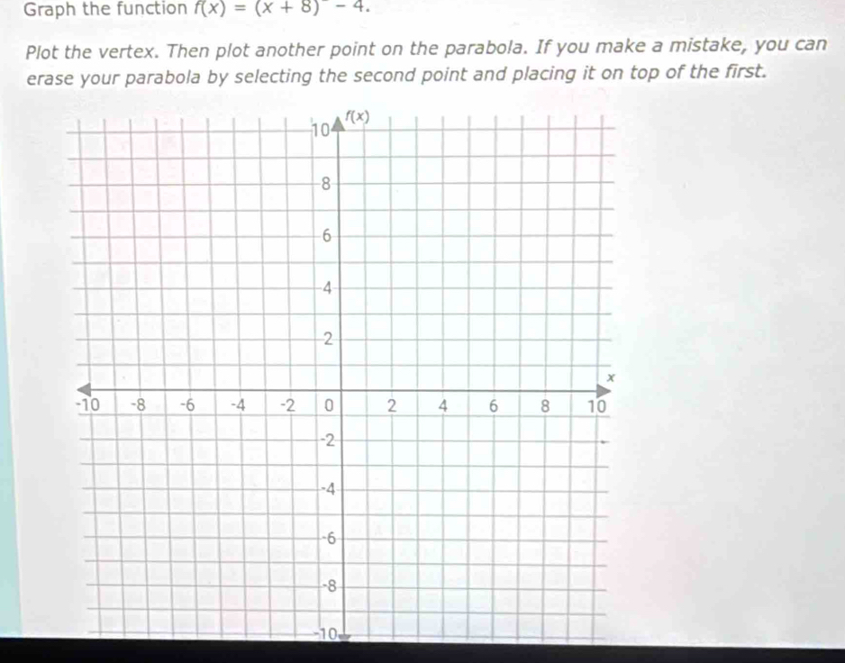 Graph the function f(x)=(x+8)-4.
Plot the vertex. Then plot another point on the parabola. If you make a mistake, you can
erase your parabola by selecting the second point and placing it on top of the first.