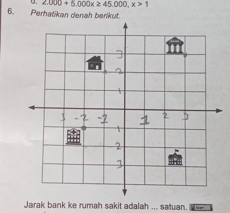 2.000+5.000x≥ 45.000, x>1
6. Perhatikan denah berikut. 
Jarak bank ke rumah sakit adalah ... satuan.