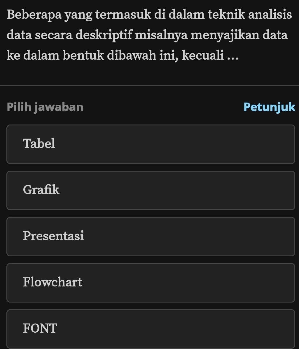 Beberapa yang termasuk di dalam teknik analisis
data secara deskriptif misalnya menyajikan data
ke dalam bentuk dibawah ini, kecuali ...
Pilih jawaban Petunjuk
Tabel
Grafik
Presentasi
Flowchart
FONT