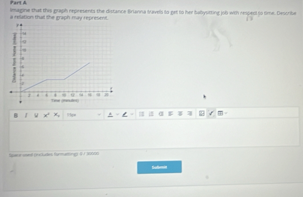 Imagine that this graph represents the distance Brianna travels to get to her babysitting job with respect to time. Describe 
a relation that the graph may represent. 
B I x^2 x_2 15px A : a F 
Spare used (ncludes formatting): 0 / 30000 
Sabenit