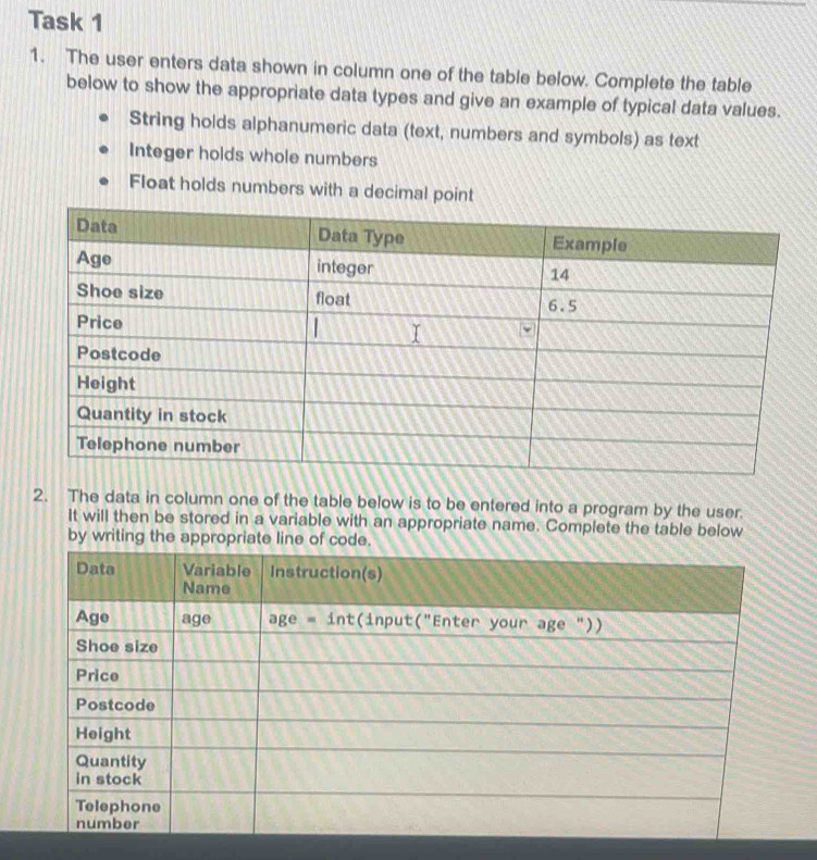 Solved: Task 1 1. The user enters data shown in column one of the table ...