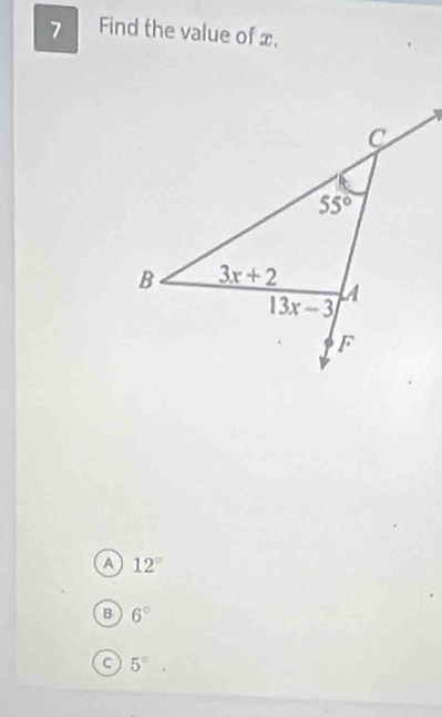 Find the value of x.
A 12°
B 6°
C 5°