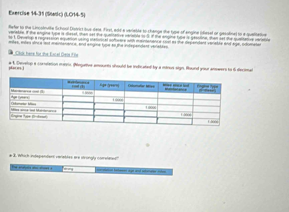 (Static) (LO14-5) 
Refer to the Lincolnville School District bus data. First, add a variable to change the type of engine (diesel or gasoline) to a qualitative 
variable. If the engine type is diesel, then set the qualitative variable to 0. If the engine type is gasoline, then set the qualitative variable 
to 1. Develop a regression equation using statistical software with maintenance cost as the dependent variable and age, odomater 
miles, miles since last maintenance, and engine type as the independent variables. 
Click here for the Excel Data File 
a:1. Develop a correlation matrix. (Negative amounts should be indicated by a minus sign. Round your answers to 6 decimal 
places.) 
a 2. Which independent variables are strongly correlated? 
The enalysis alou shows a song correlation betwwen age and odometer miles.