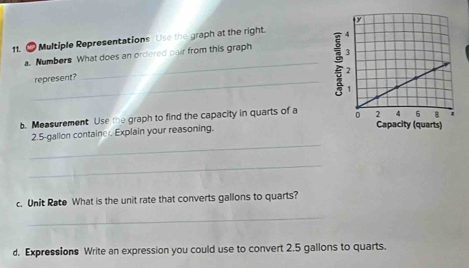 ∞ Multiple Representations Use the graph at the right. 
a. Numbers What does an ordered pair from this graph 
_represent? 
_: 
b. Measurement Use the graph to find the capacity in quarts of a 
_
2.5-gallon container. Explain your reasoning. 
Capacity (quarts) 
_ 
c. Unit Rate What is the unit rate that converts gallons to quarts? 
_ 
d. Expressions Write an expression you could use to convert 2.5 gallons to quarts.