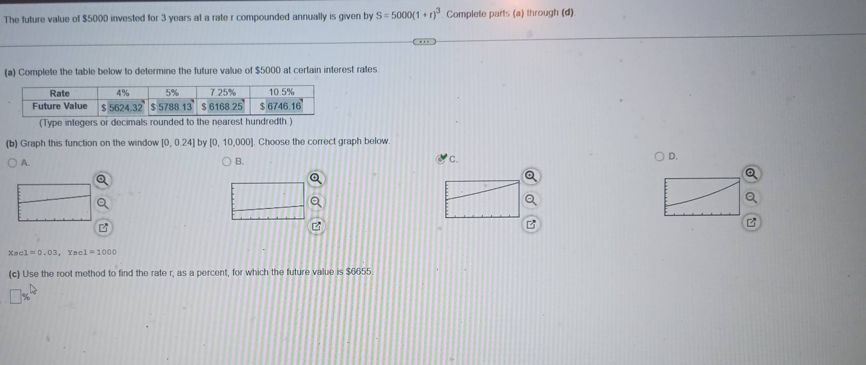 The future value of $5000 invested for 3 years at a rate r compounded annually is given by S=5000(1+r)^3 Complete parts (a) through (d)
(a) Complete the table below to determine the future value of $5000 at certain interest rates.
(Type integers or 
(b) Graph this function on the window [0,0.24] by [0,10,000] ]. Choose the correct graph below.
A.
B.
C.
D.
B
Xsc1=0.03,Ysc1=1000
(c) Use the root method to find the rate r, as a percent, for which the future value is $6655.
x