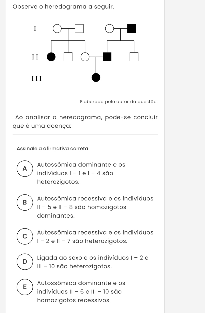 Observe o heredograma a seguir.
Elaborada pelo autor da questão.
Ao analisar o heredograma, pode-se concluir
que é uma doença:
Assinale a afirmativa correta
Autossômica dominante e os
A
indivíduos |-1 e 1-4 são
heterozigotos.
Autossômica recessiva e os indivíduos
B
11-5 e 11-8 são homozigotos
dominantes.
Autossômica recessiva e os indivíduos
C
1-2 e 11-7 são heterozigotos.
D Ligada ao sexo e os indivíduos |-2 e
III - 10 são heterozigotos.
Autossômica dominante e os
E
indivíduos 11-6 e III-10 são
homozigotos recessivos.