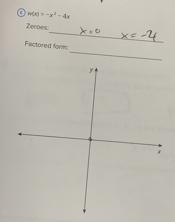 w(x)=-x^2-4x
_ 
Zeroes: 
_ 
Factored form: