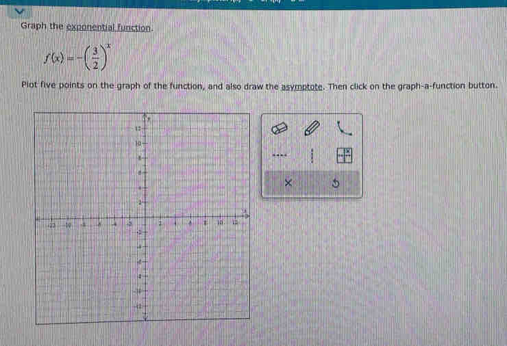 Graph the exponential function.
f(x)=-( 3/2 )^x
Plot five points on the graph of the function, and also draw the asymptote. Then click on the graph-a-function button. 
.- 
×