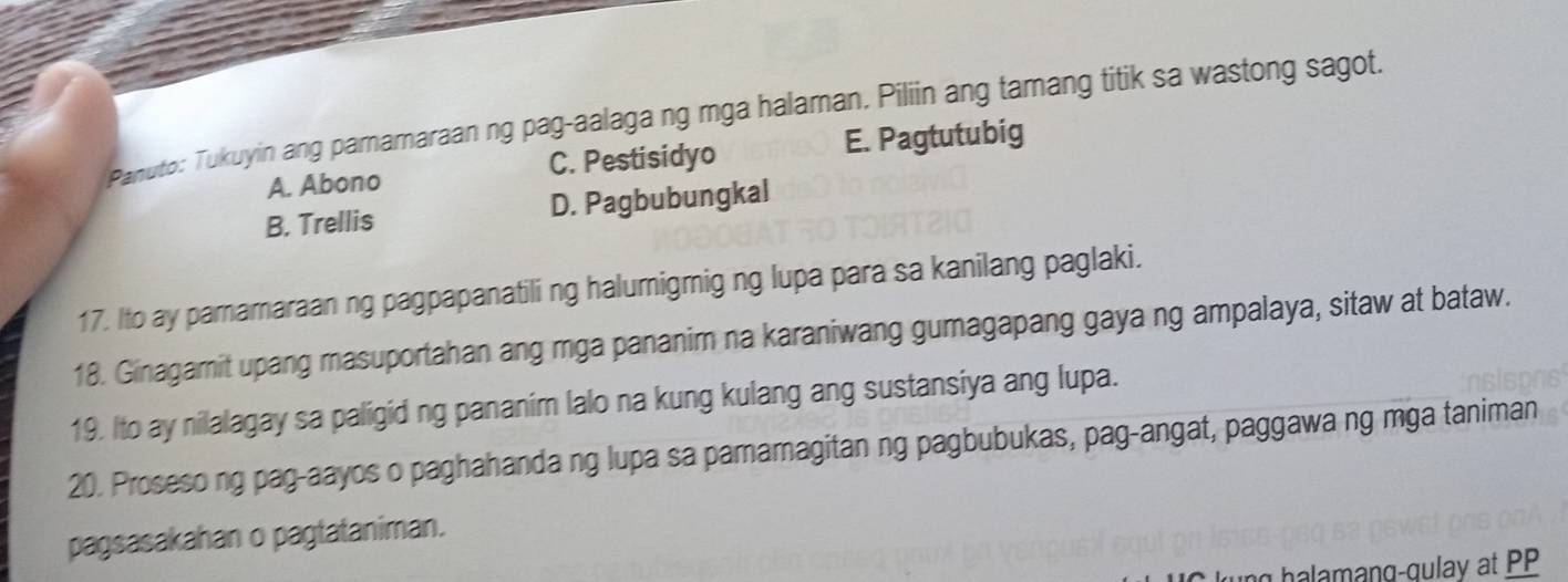 Panuto: Tukuyin ang pamamaraan ng pag-aalaga ng mga halaman. Piliin ang tamang titik sa wastong sagot.
A. Abono C. Pestisidyo E. Pagtutubig
B. Trellis D. Pagbubungkal
17. Ito ay pamamaraan ng pagpapanatiling halumigmig ng lupa para sa kanilang paglaki.
18. Ginagamit upang masuportahan ang mga pananim na karaniwang gumagapang gaya ng ampalaya, sitaw at bataw.
19. Ito ay nilalagay sa paligid ng pananim lalo na kung kulang ang sustansiya ang lupa.
20. Proseso ng pag-aayos o paghahanda ng lupa sa pamamagitan ng pagbubukas, pag-angat, paggawa ng mga taniman
pagsasakahan o pagtataniman.
rung halamang-gulay at PP