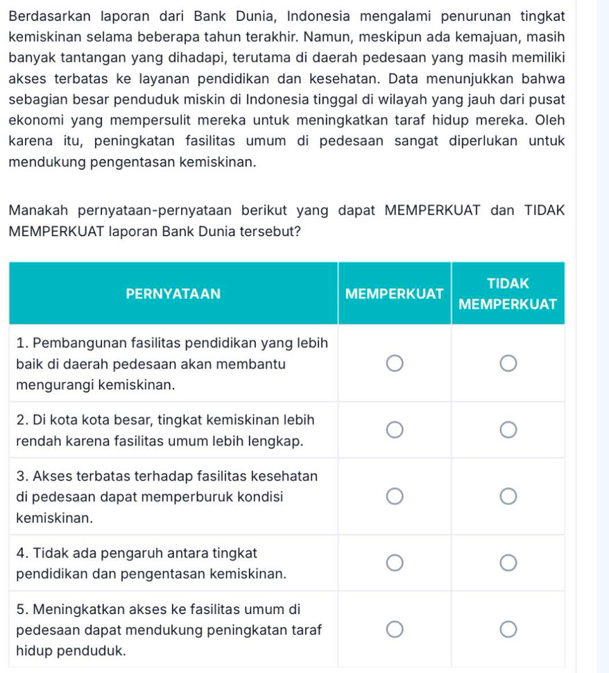 Berdasarkan laporan dari Bank Dunia, Indonesia mengalami penurunan tingkat 
kemiskinan selama beberapa tahun terakhir. Namun, meskipun ada kemajuan, masih 
banyak tantangan yang dihadapi, terutama di daerah pedesaan yang masih memiliki 
akses terbatas ke layanan pendidikan dan kesehatan. Data menunjukkan bahwa 
sebagian besar penduduk miskin di Indonesia tinggal di wilayah yang jauh dari pusat 
ekonomi yang mempersulit mereka untuk meningkatkan taraf hidup mereka. Oleh 
karena itu, peningkatan fasilitas umum di pedesaan sangat diperlukan untuk 
mendukung pengentasan kemiskinan. 
Manakah pernyataan-pernyataan berikut yang dapat MEMPERKUAT dan TIDAK 
MEMPERKUAT laporan Bank Dunia tersebut? 
1
b
m
2
r
3
d
k
4
p
5
p
hidup penduduk.