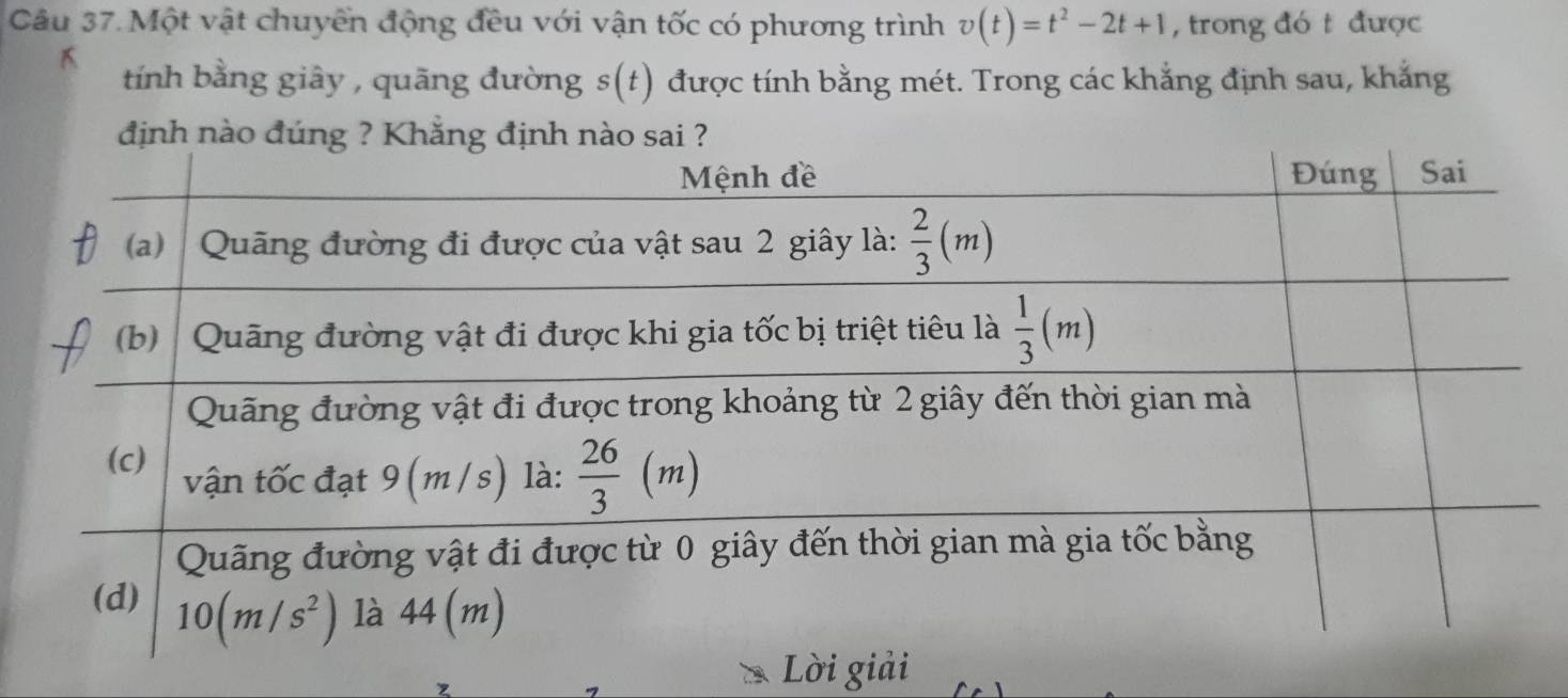 Một vật chuyển động đều với vận tốc có phương trình v(t)=t^2-2t+1 , trong đó t được
tính bằng giây , quāng đường s(t) được tính bằng mét. Trong các khẳng định sau, khắng
Lời giải