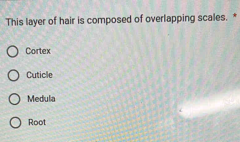 This layer of hair is composed of overlapping scales. *
Cortex
Cuticle
Medula
Root