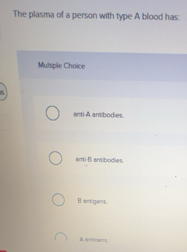 Solved: The plasma of a person with type A blood has: Multiple Choice 5 ...
