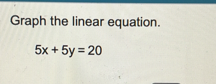 Graph the linear equation.
5x+5y=20