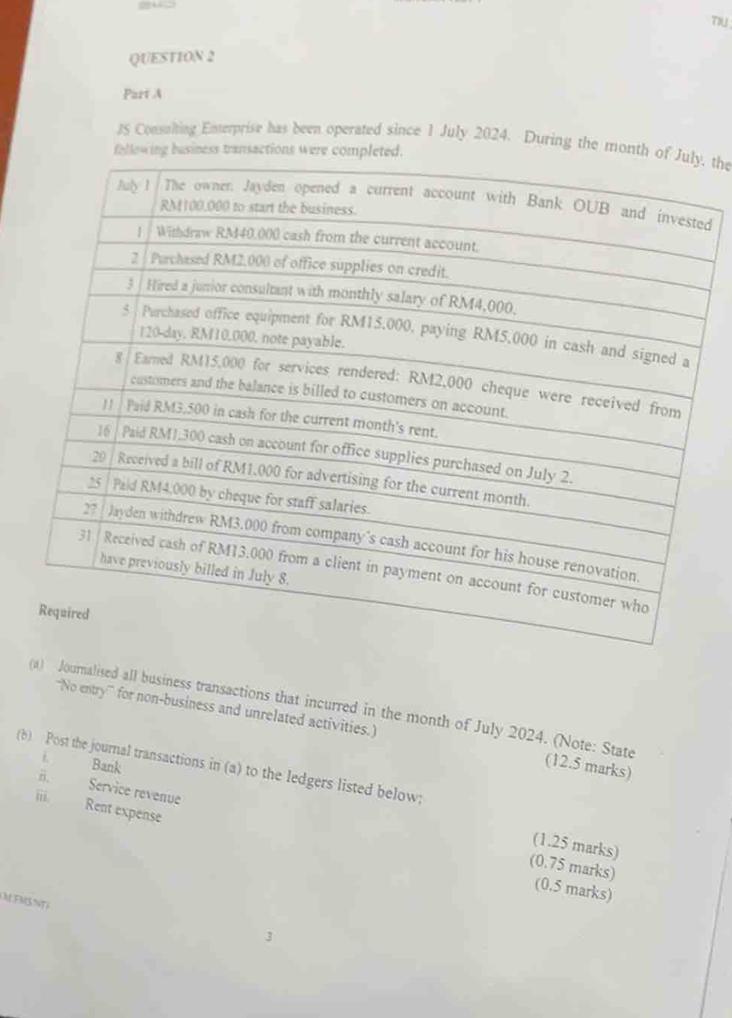 TIU 
QUESTION 2 
Part A 
JS Consulting Enterprise has been operated since 1 July 2024. During the mon, the 
following business transactions were com 
d 
(a) Journalised all business transactions that incurred in the month of July 2024. (Note: State 
“No entry” for non-business and unrelated activities.) (12.5 marks) 
(b) Post the journal transactions in (a) to the ledgers listed below; Bank 1 
i. Service revenue 
iii Rent expense 
(1.25 marks) 
(0.75 marks) 
(0.5 marks) 
UEFMSNT