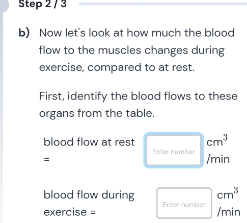 Now let's look at how much the blood 
flow to the muscles changes during 
exercise, compared to at rest. 
First, identify the blood flows to these 
organs from the table. 
blood flow at rest
cm^3
Enter number 
= /min 
blood flow during cm^3
Enter number 
exercise = /min