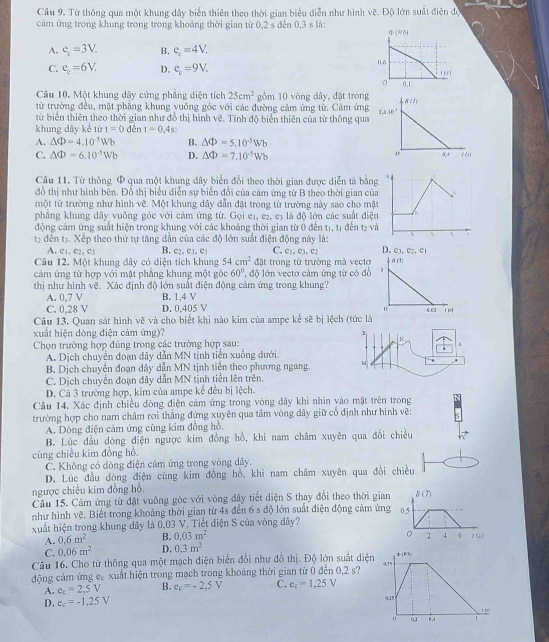 Từ thông qua một khung dây biến thiên theo thời gian biểu diễn như hình vẽ. Độ lớn suất điện độ
cảm ứng trong khung trong trong khoảng thời gian từ 0,2 s đến 0,3 s là:
φ (Wb)
A. e_c=3V. B. e_c=4V.
C. e_c=6V. D. e_c=9V. 0,6
I(s)
0 0,1
Câu 10. Một khung dây cứng phẳng diện tích 25cm^2 gồm 10 vòng dây, đặt trong
từ trường đều, mặt phẳng khung vuông góc với các đường cảm ứng từ. Cảm ứng
từ biến thiên theo thời gian như đồ thị hình vẽ. Tính độ biển thiên của từ thông qua
khung dây kể từ t=0 đến t=0,4s.
A. △ Phi =4.10^(-5)Wb B. △ Phi =5.10^(-5)Wb
C. △ Phi =6.10^(-5)Wb D. △ Phi =7.10^(-5)Wb
Câu 11. Từ thông Φ qua một khung dây biến đổi theo thời gian được diễn tả bằng
đồ thị như hình bên. Đổ thị biểu diễn sự biến đổi của cảm ứng từ B theo thời gian củ
một từ trường như hình vẽ. Một khung dây dẫn đặt trong từ trường này sao cho mặ
phẳng khung dây vuông góc với cảm ứng từ. Gọi e₁, e₂, e3 là độ lớn các suất điệ
động cảm ứng suất hiện trong khung với các khoảng thời gian từ 0 đến tị, t1 đến t2 v
t2 đến t3. Xếp theo thứ tự tăng dần của các độ lớn suất điện động này là:
A. e_1,e_2,e_3 B. e_2,e_3,e_1 C. e. e_3,e_2
Câu 12. Một khung dây có diện tích khung 54cm^2 đặt trong từ trường mà vect
cảm ứng từ hợp với mặt phăng khung một góc 60° , độ lớn vectơ cảm ứng từ có đồ
thị như hình vẽ. Xác định độ lớn suất điện động cảm ứng trong khung?
A. 0,7 V B. 1,4 V
C. 0,28 V D. 0,405 V 
Câu 13. Quan sát hình vẽ và cho biết khi nào kim của ampe kế sẽ bị lệch (tức là
xuất hiện dòng điện cảm ứng)?
 N
Chọn trường hợp đúng trong các trường hợp sau: A
A. Dịch chuyển đoạn dây dẫn MN tịnh tiến xuống dưới.
B. Dịch chuyển đoạn dây dẫn MN tịnh tiến theo phương ngang. M
C. Dịch chuyển đoạn dây dẫn MN tịnh tiến lên trên.
D. Cả 3 trường hợp, kim của ampe kế đều bị lệch.
Câu 14. Xác định chiều dòng điện cảm ứng trong vòng dây khi nhìn vào mặt trên trong
trường hợp cho nam châm rơi thăng đứng xuyên qua tâm vòng dây giữ cố định như hình vẽ:
A. Dòng điện cảm ứng cùng kim đồng hồ.
B. Lúc đầu dòng điện ngược kim đồng hồ, khi nam châm xuyên qua đổi chiều
cùng chiều kim đồng hồ.
C. Không có dòng điện cảm ứng trong vòng dây.
2
D. Lúc đầu dòng điện cùng kim đồng hồ, khi nam châm xuyên qua đồi chiều a
ngược chiều kim đồng hồ.
Câu 15. Cảm ứng từ đặt vuông góc với vòng dây tiết diện S thay đổi theo thời gian B(T)
như hình vẽ. Biết trong khoảng thời gian từ 4s đến 6 s độ lớn suất điện động cảm ứng 0,5
xuất hiện trong khung dây là 0,03 V. Tiết diện S của vòng dây?
B. 0,03m^2
A. 0,6m^2 1(3)
C. 0,06m^2 0 2 4 6
D. 0,3m^2
Câu 16. Cho từ thông qua một mạch điện biến đổi như đồ thị. Độ lớn suất điện
động cảm ứng e. xuất hiện trong mạch trong khoảng thời gian từ 0 đến 0,2 s?
A. e_c=2,5V
B. e_c=-2,5V C. e_c=1,25V
D. e_c=-1,25V